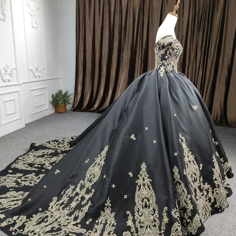 2 in 1 Black Ball Gown Luxury Dress with gold flower applique Quinceanera