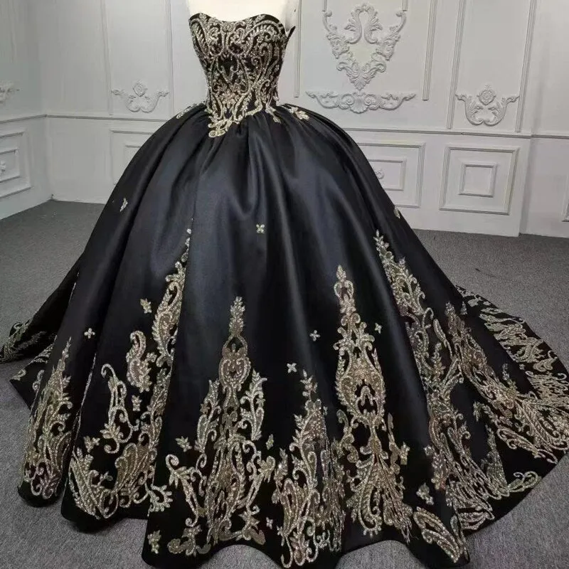 2 in 1 Black Ball Gown Luxury Dress with gold flower applique Quinceanera