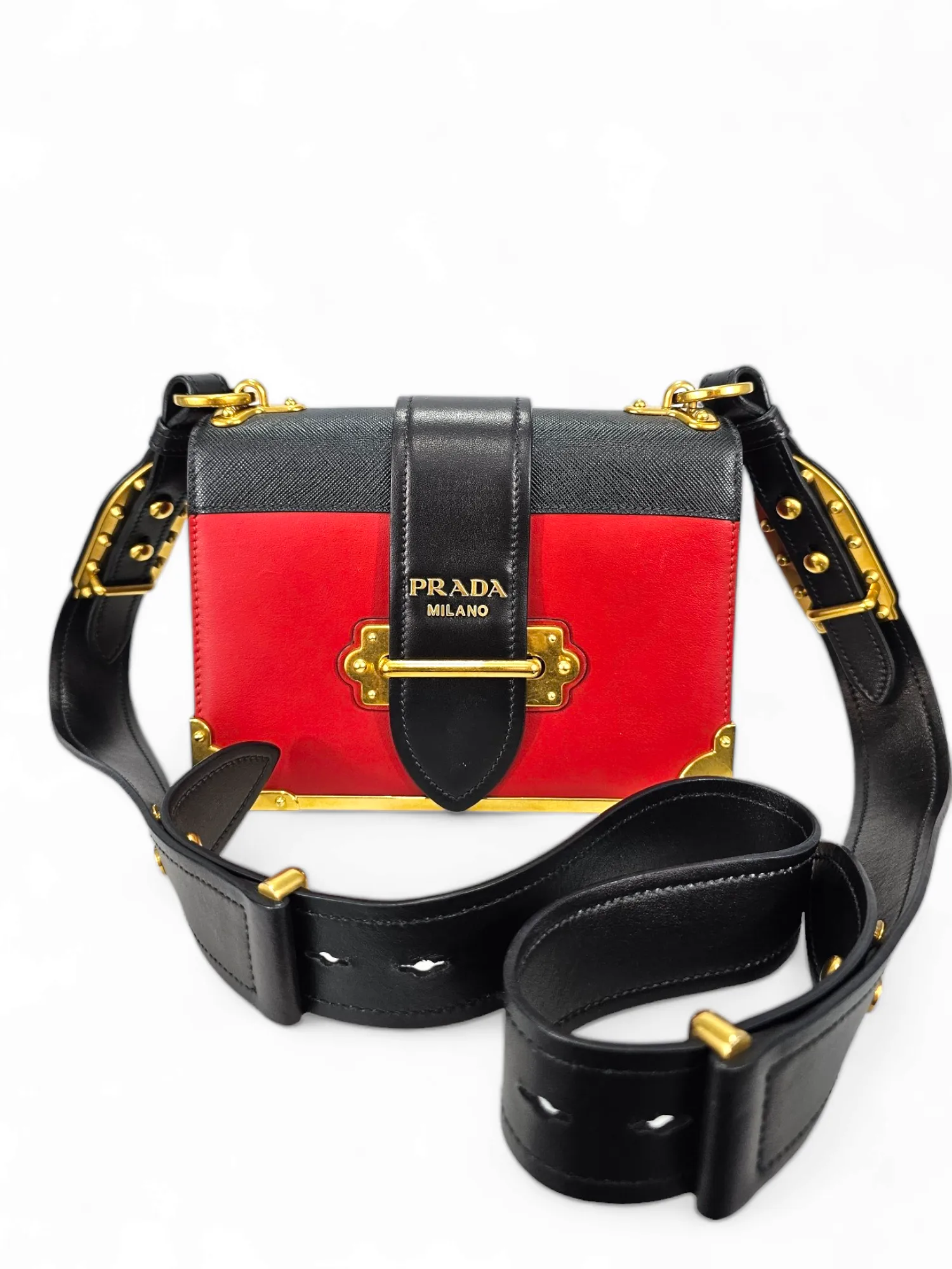 Bolsa Prada Cahier City Calfskin   Saffiano Vermelho e Preto  Ferragem Gold