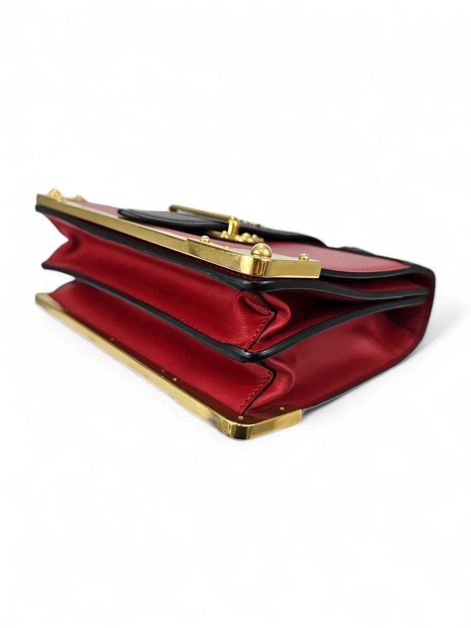 Bolsa Prada Cahier City Calfskin   Saffiano Vermelho e Preto  Ferragem Gold