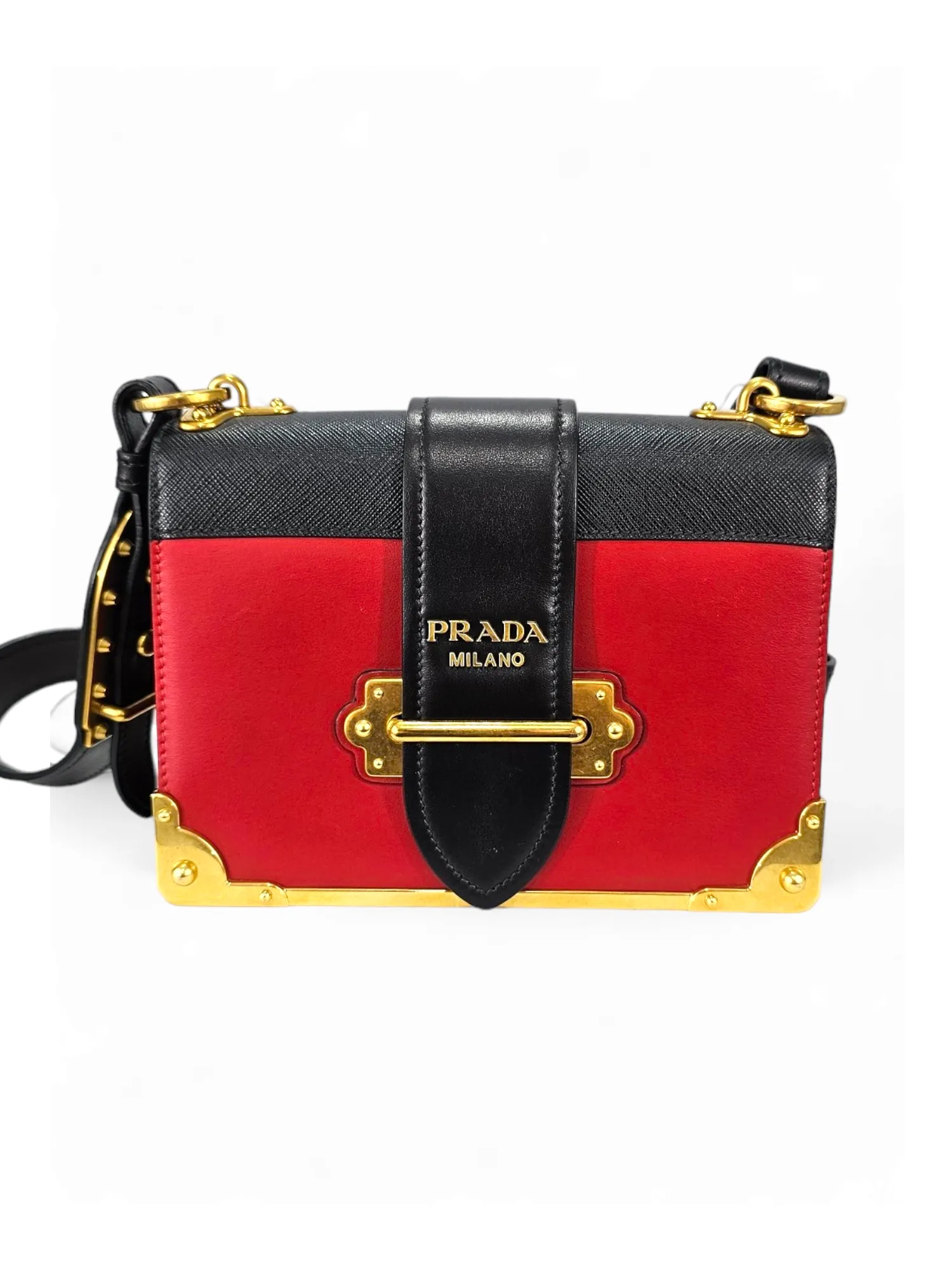 Bolsa Prada Cahier City Calfskin   Saffiano Vermelho e Preto  Ferragem Gold