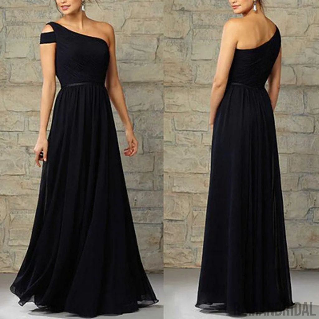 Cheap Formal Elegant Chiffon One Shoulder Floor-Length Navy Blue Bridesmaid Dresses, WG12