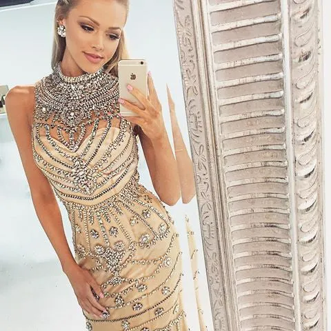 Goegeous Beaded High Neck Unique Mermaid Sexy Shinning Luxury Long Prom Dresses, WG279