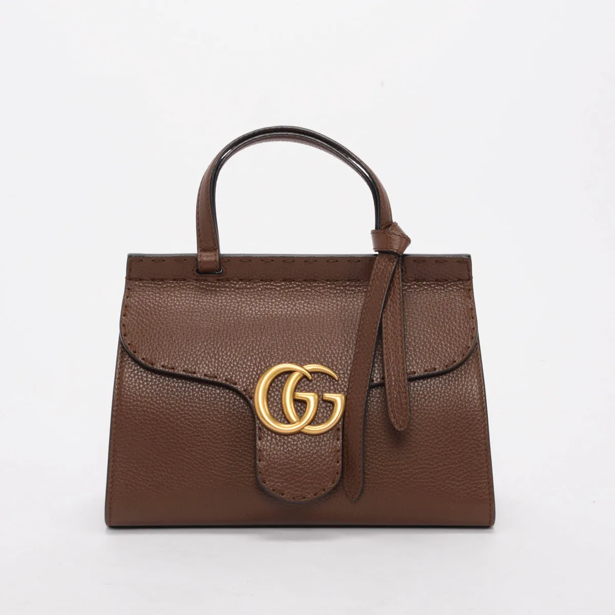 Gucci Brown Calfskin Mini GG Marmont Top Handle Bag