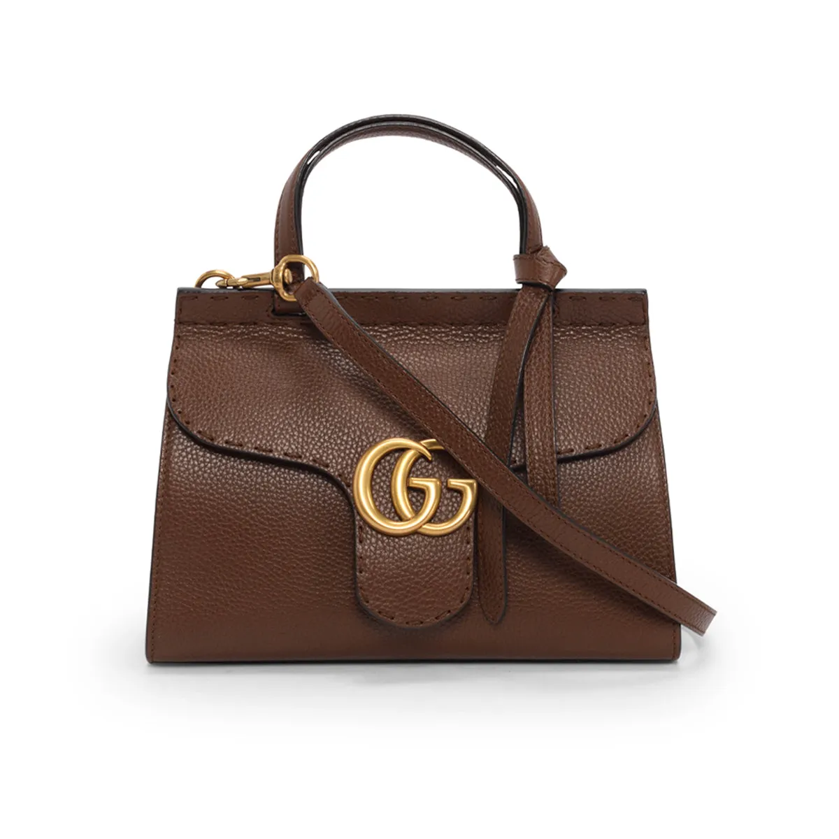 Gucci Brown Calfskin Mini GG Marmont Top Handle Bag