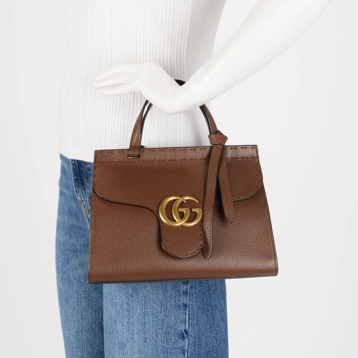 Gucci Brown Calfskin Mini GG Marmont Top Handle Bag