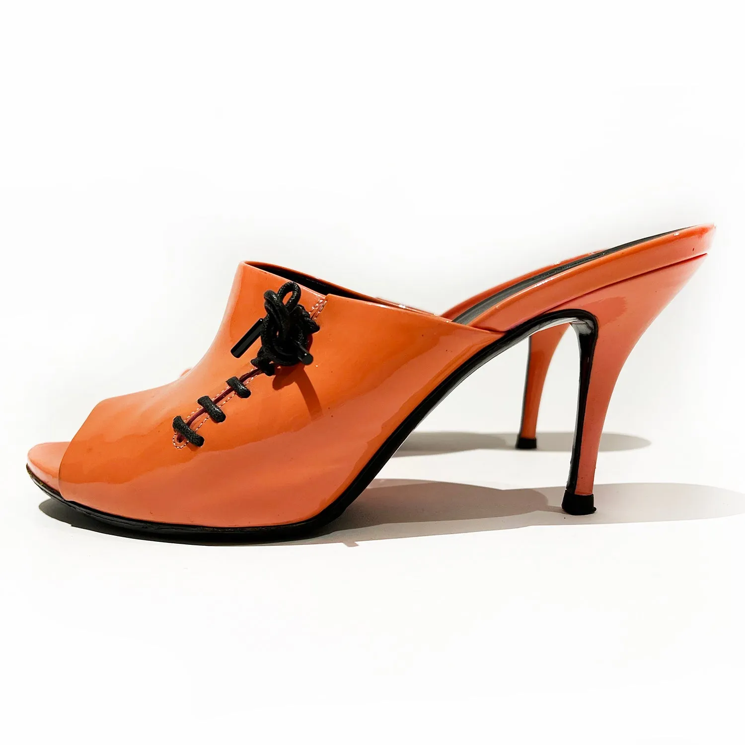 Orange Patent Leather Lace Accent Mules 38