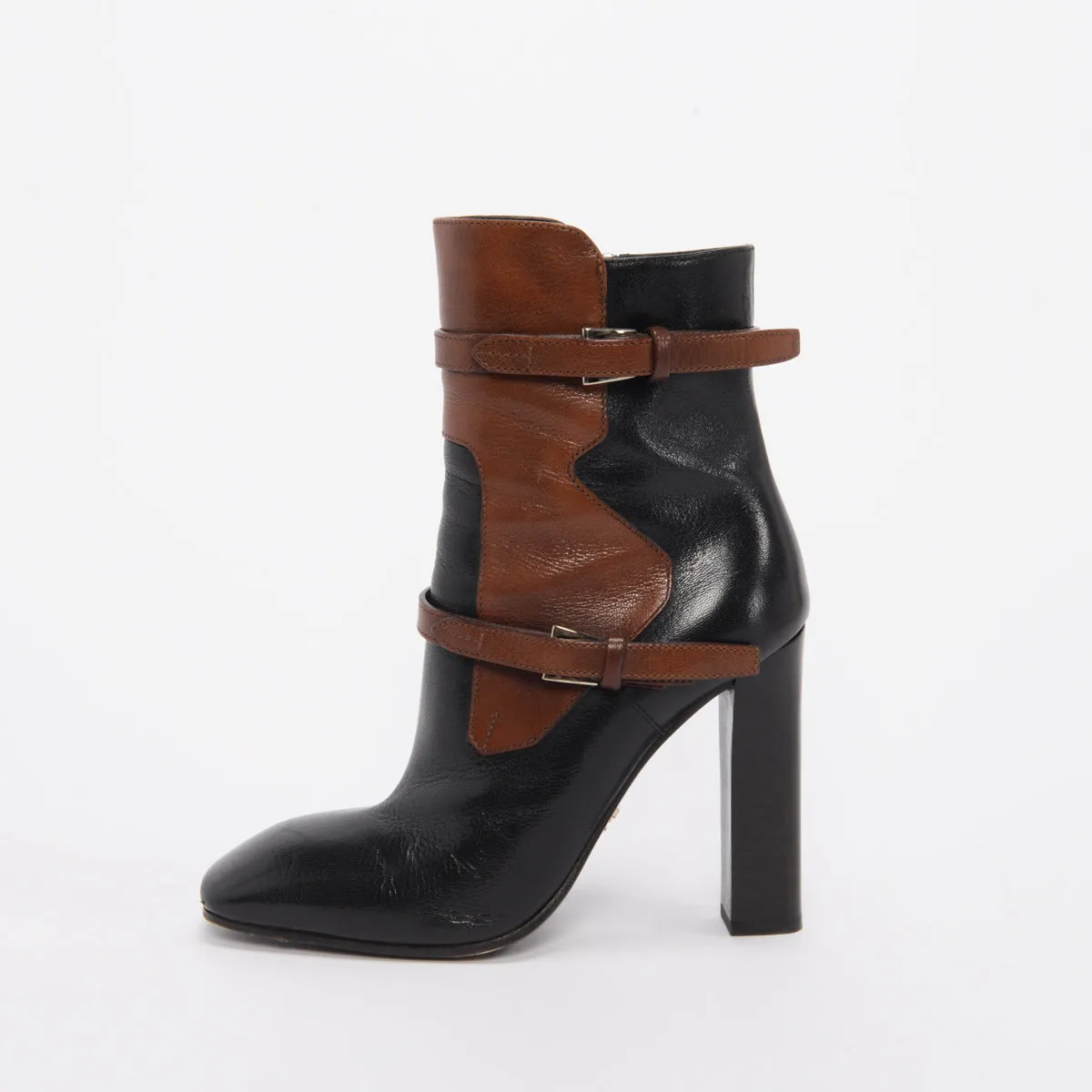 Prada Black & Tan Leather Strap Detail Boots 38.5