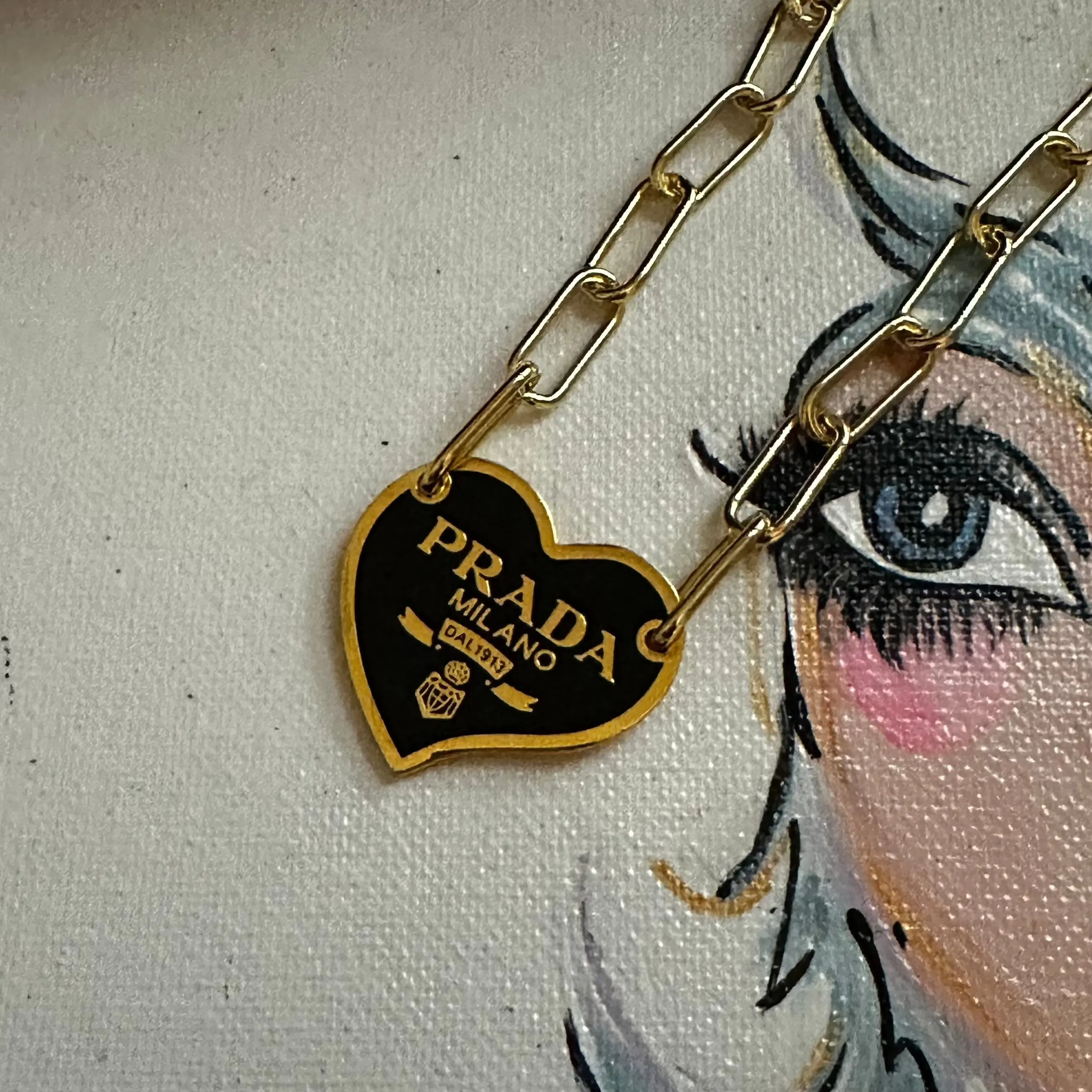 Prada Heart Bag Tag Necklace - Black/Gold on Gold-Filled Paperclip Chain