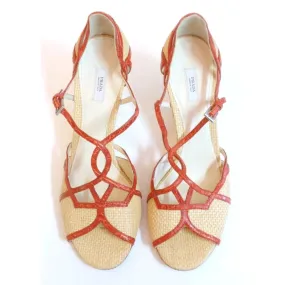 PRADA Woven Straw w/ Orange T-Strap Wedge Sandal | Size 39 - US 8