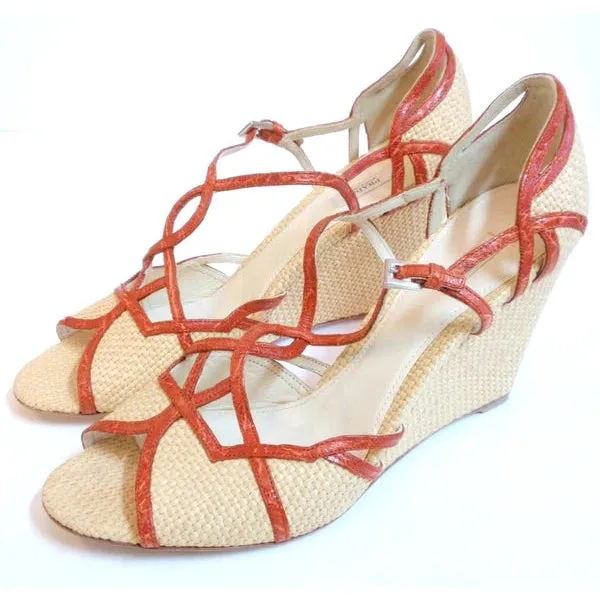 PRADA Woven Straw w/ Orange T-Strap Wedge Sandal | Size 39 - US 8